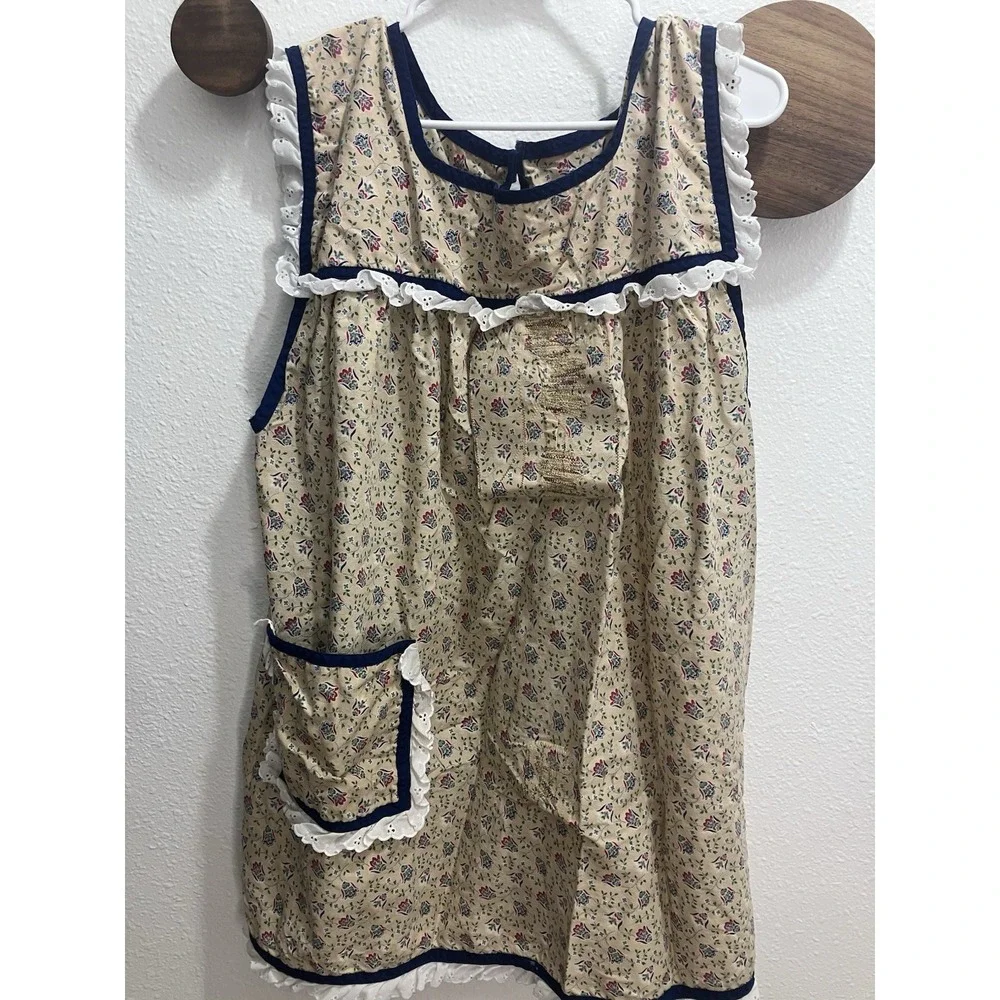 Beige Multicolor Floral Cotton Pinafore Apron Vintage Pocket Adults OS Patched
